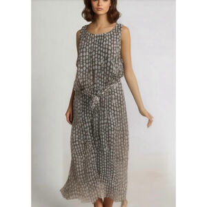 MSK Women's Midi Dress Sz 10 Brown White Polka Dot Round Neckline Waist Tie Belt